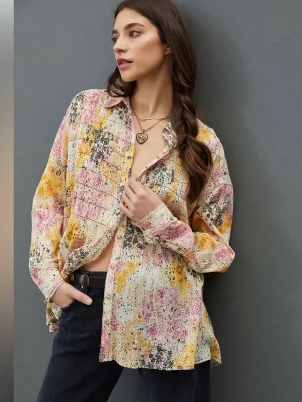 Anthropologie Pilcro Pink & Yellow Floral Button-Down Top Cotton Gauze Boho XSP